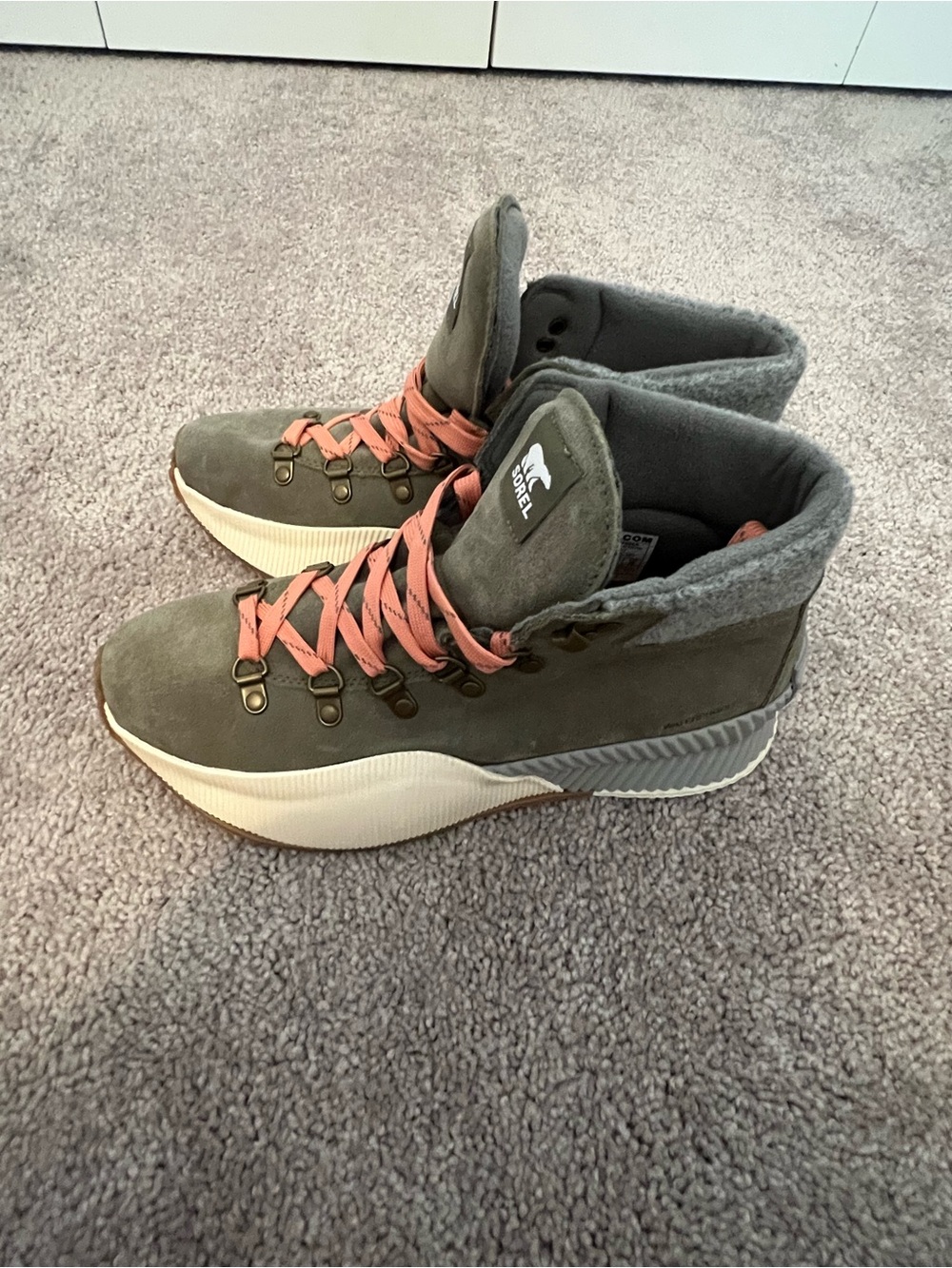 Sorel Olive-Grey Suede High-Top Sneakers with Pink/Coral Laces